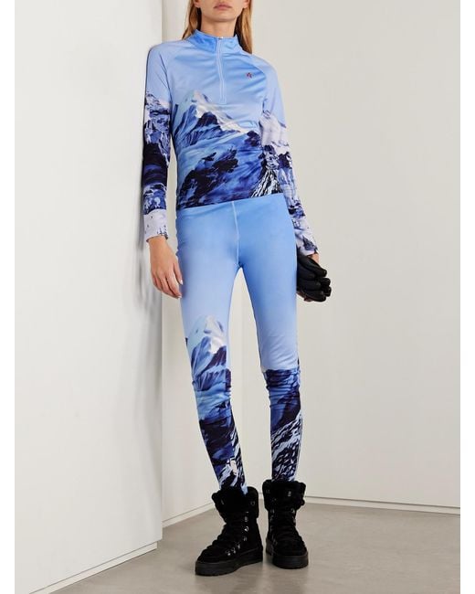 Perfect Moment Blue Printed Stretch-Jersey Leggings
