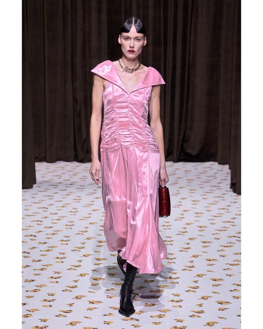 Jil Sander Pink Open-Back Ruched Pleated Satin Gown