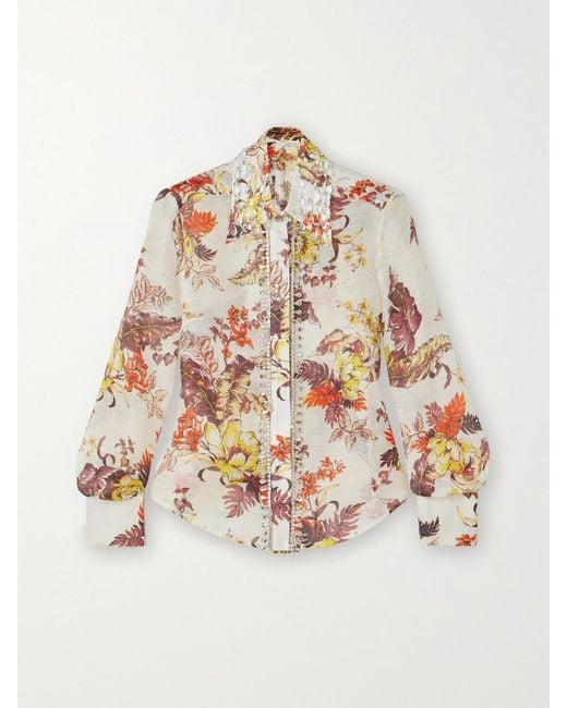 Zimmermann White Matchmaker Crystal-Embellished Floral-Print Linen And Silk-Blend Shirt