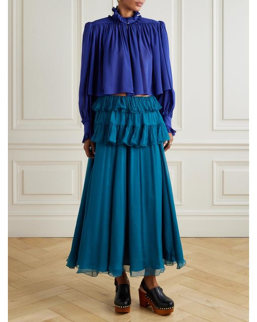Chloé Blue Ruffled Silk-Georgette Blouse