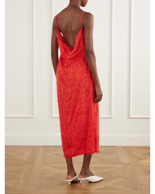 Bottega Veneta Red Draped Fil Coupé Jacquard Midi Dress