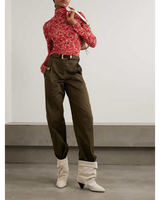 Isabel Marant Red Joyela Printed Stretch-Mesh Turtleneck Top