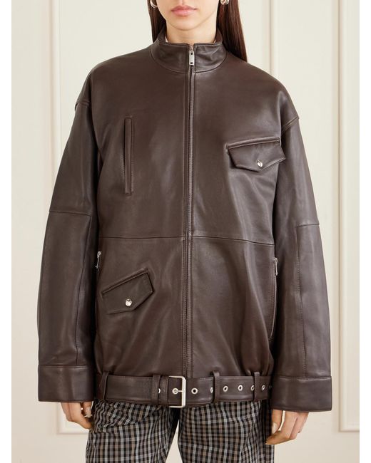 Tibi Brown Belted Leather Bomber Jacket