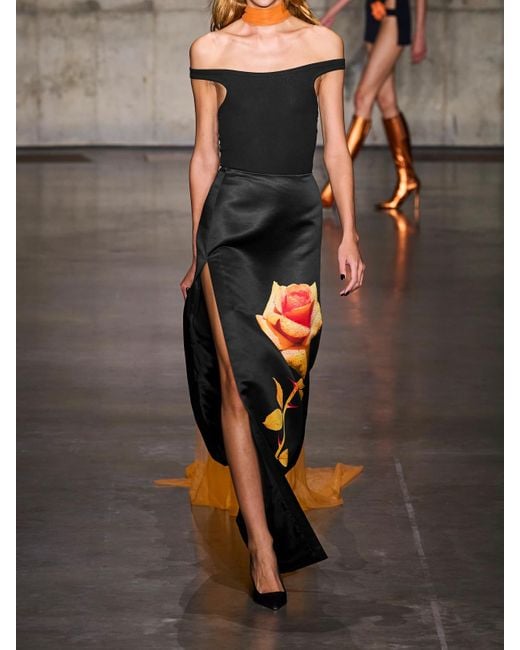 David Koma Black Floral-Print Duchesse-Satin Maxi Skirt