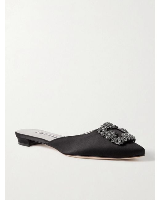 Manolo Blahnik White Hangisi Crystal-Embellished Satin Slippers