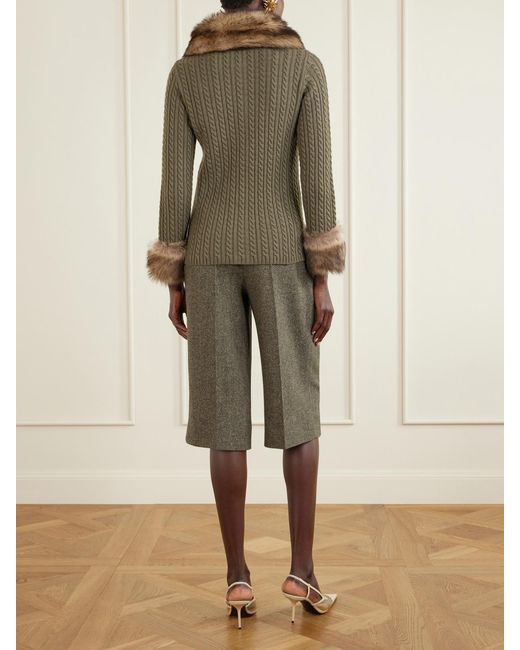 Saint Laurent Green Shearling-Trimmed Cable-Knit Cashmere Cardigan