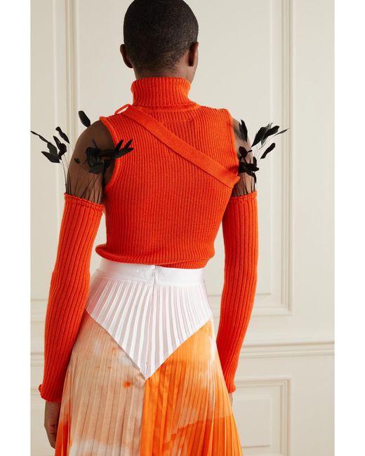Thebe Magugu Red Convertible Feather-Trimmed Cutout Ribbed Wool Turtleneck Sweater