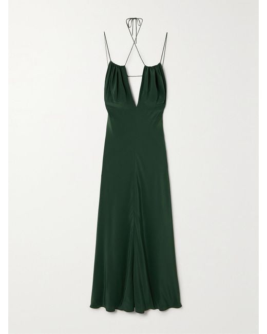 Totême Green Gathered Hammered Silk-Satin Maxi Dress