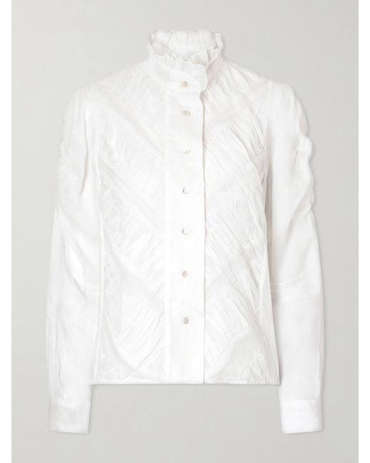 Thierry Colson White Wind Ruffled Ruched Cotton-Voile Blouse