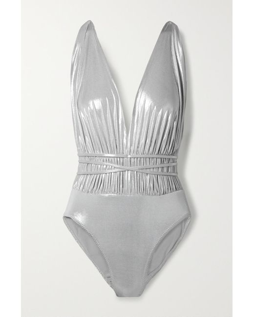 Norma Kamali Goddess Mio Ruched Metallic Swimsuit in Silver (Gray) | Lyst