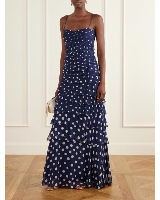 Saloni Blue Niki Polka-Dot Chiffon Gown