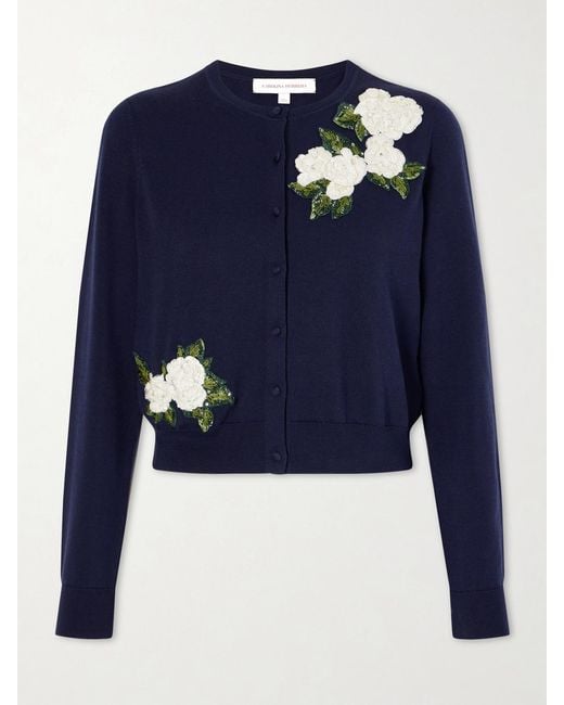 Carolina Herrera Blue Floral-Embellished Silk And Cotton-Blend Cardigan