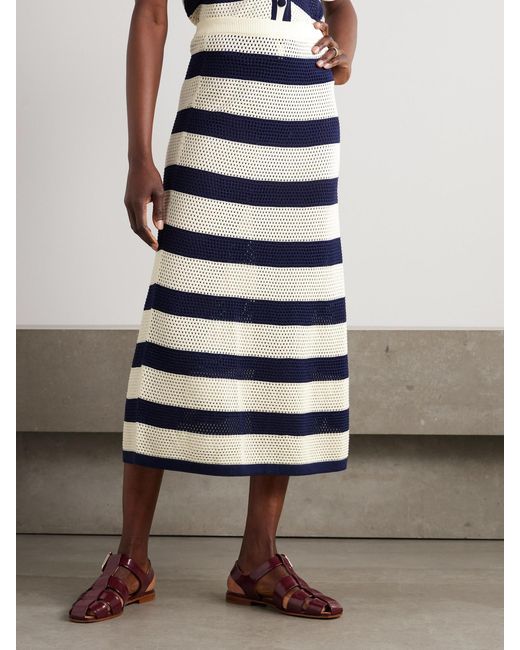Eres Blue Bayadere Bateau Striped Open-Knit Cotton-Blend Midi Skirt