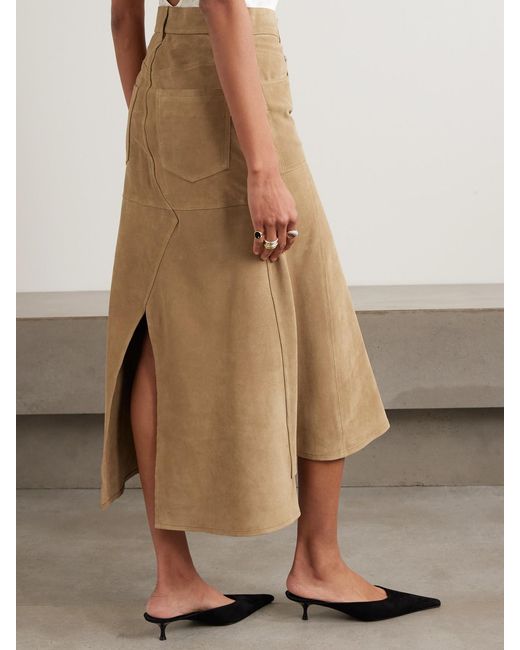 Victoria Beckham Natural Paneled Suede Midi Skirt