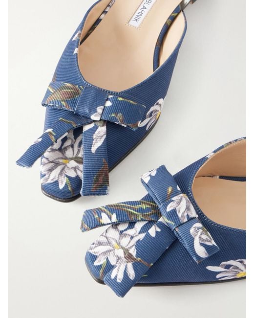 Manolo Blahnik Blue Emilia Wickstead Bow-Embellished Floral-Print Grosgrain Flats