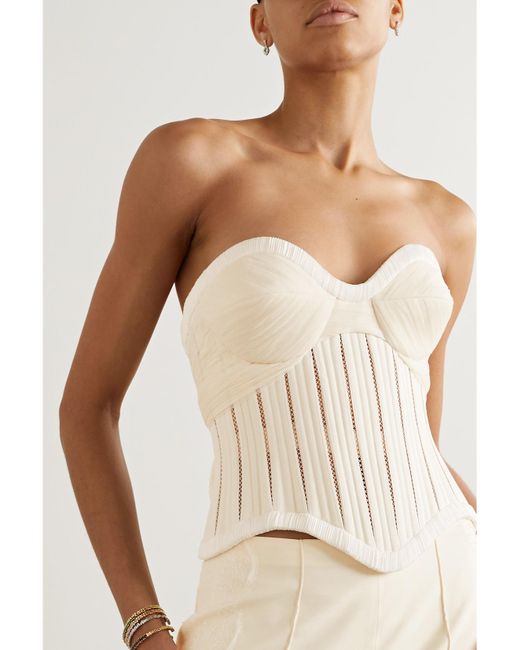 Danielle Frankel Natural Anika Strapless Cotton-Blend Twill, Tulle And Plissé-Satin Bustier Top