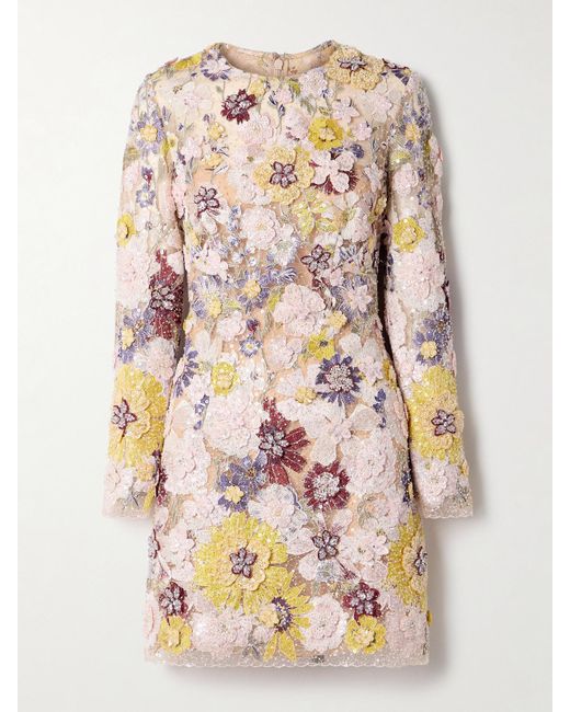Costarellos Natural Zarina Appliquéd Embellished Embroidered Tulle Mini Dress
