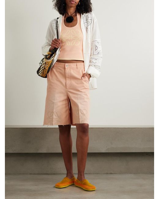 Loewe Natural Paula's Ibiza Anagram Cutout Frayed Pleated Cotton-Twill Shorts
