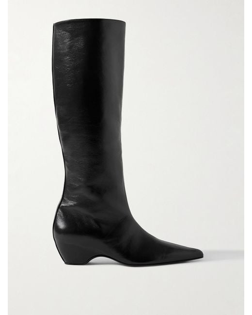 Khaite Black Sybil Glossed-Leather Knee Boots