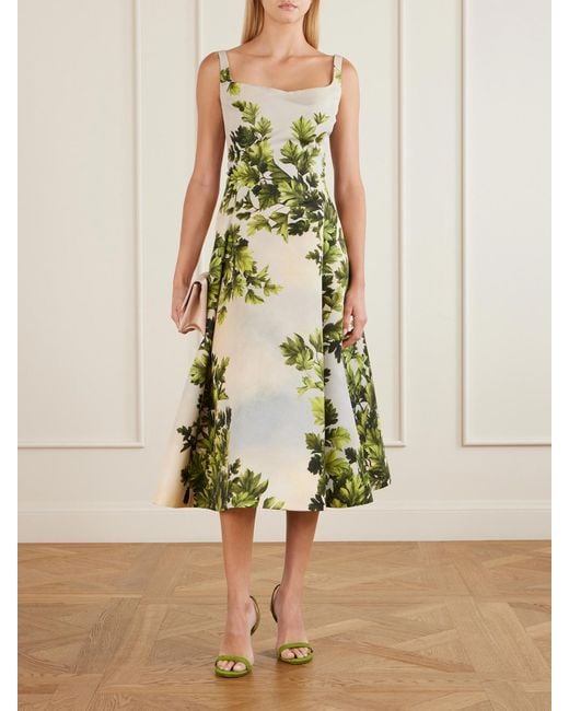 Oscar de la Renta White Printed Faille Midi Dress