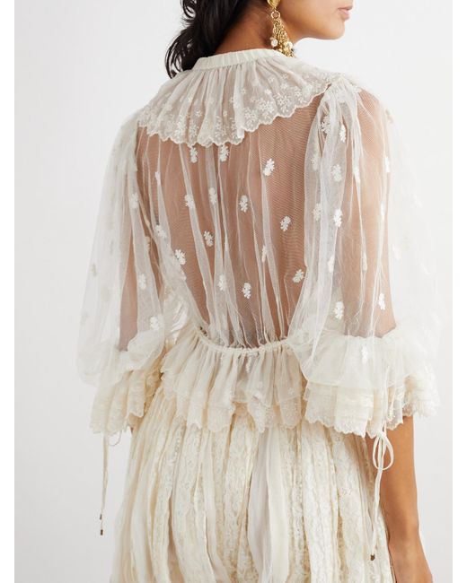 Chloé Natural Cropped Ruffled Embroidered Mesh Blouse