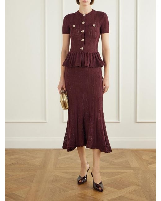 Self-Portrait Purple Button-Embellished Peplum Cotton Midi Dress