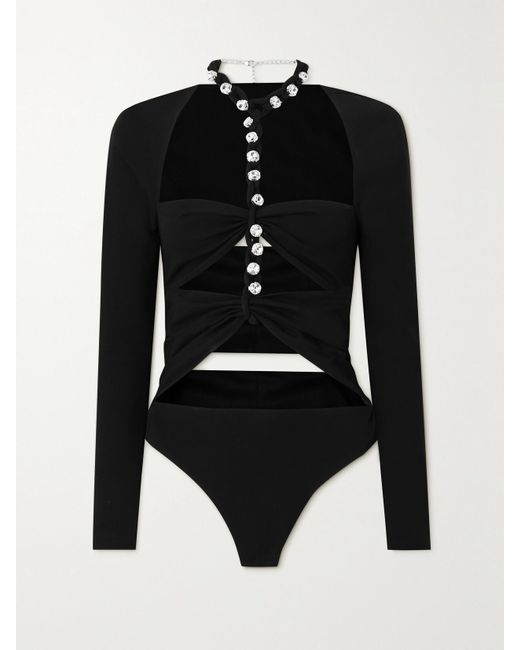 Area Black Embellished Cutout Stretch-Jersey Bodysuit