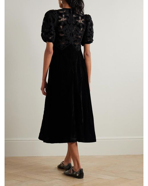 Sea Black Alice Embroidered Lace-Trimmed Velvet Midi Dress