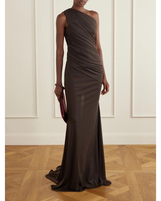 Alex Perry Gray One-Shoulder Gathered Jersey Gown