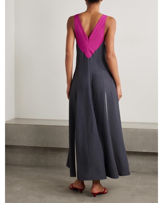 Maria McManus Purple Paneled Twill, Crepe De Chine And Satin Maxi Dress