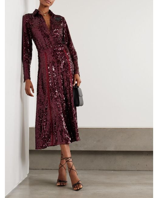 Erdem Red Frayed Sequined Crepe De Chine Midi Skirt