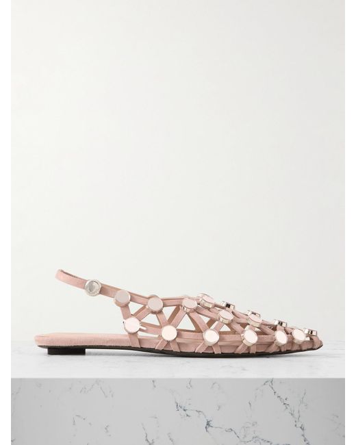 The Attico Natural Grid Studded Suede Slingback Point-Toe Flats