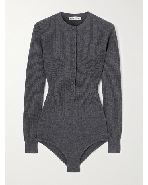 Self-Portrait Gray Ribbed-Knit Wool Bodysuit