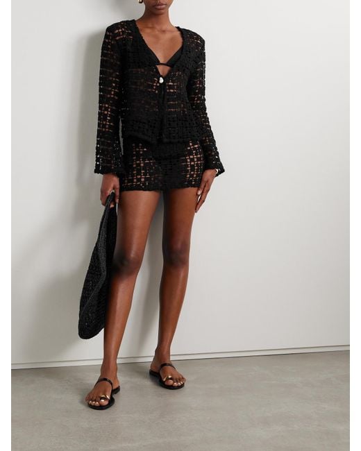 SARA CRISTINA Black Nerea Embellished Crocheted Cotton Top