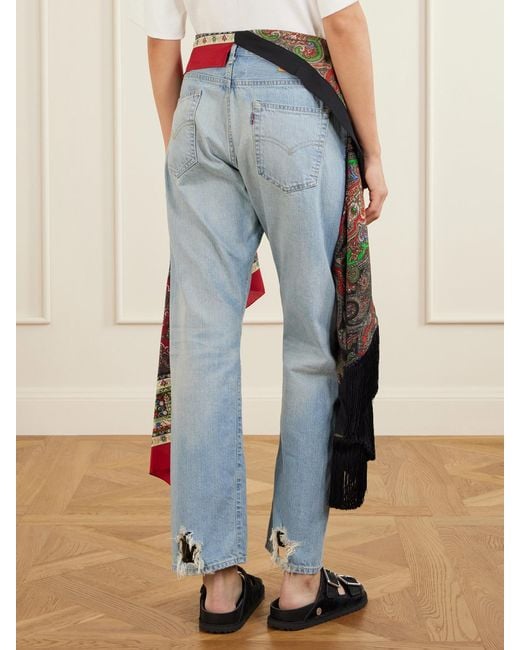 Junya Watanabe Blue Scarf-Detailed Fringed Mid-Rise Straight-Leg Jeans