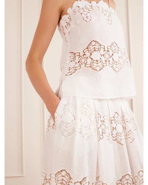 Miguelina White Carissa Embroidered Cotton And Linen-Blend Midi Skirt