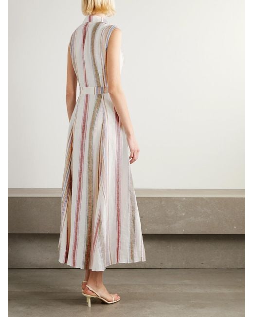 Emporio Sirenuse Pink Milarda Belted Striped Linen Midi Dress