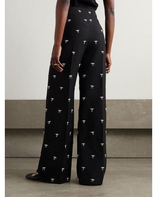 Valentino Garavani Black Bow-Embellished Wool And Silk-Blend Twill Wide-Leg Pants
