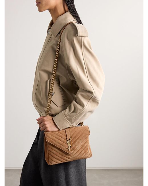 Saint Laurent Brown College Medium Chain Quilted Suede Shoulder Bag