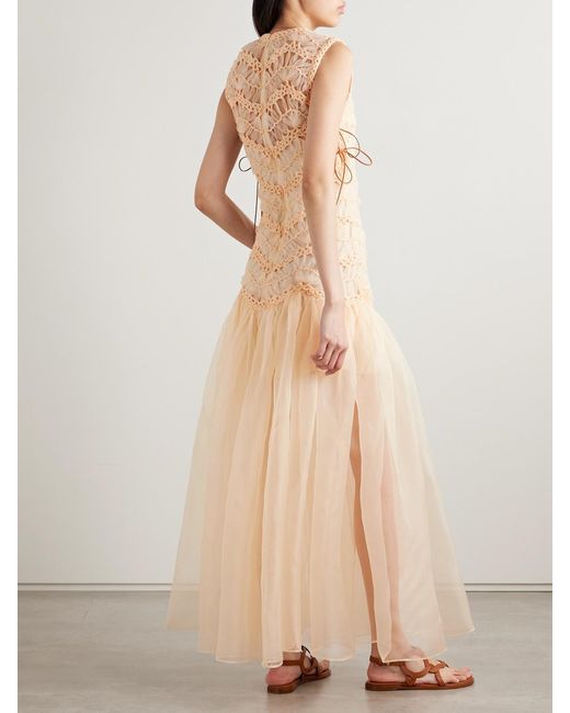 Zimmermann Natural Illuminate Macramé And Tulle-Trimmed Gathered Silk-Organza Gown