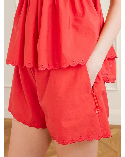 CECILIE BAHNSEN Red Blossom Broderie Anglaise-Trimmed Cotton-Blend Taffeta Shorts