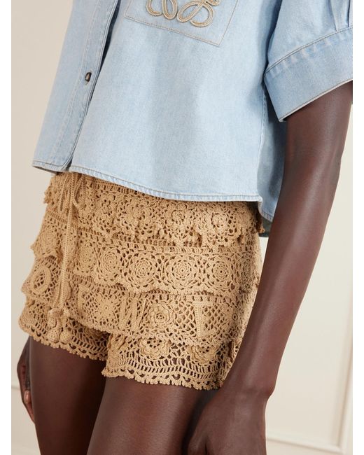 Loewe Natural Paula's Ibiza Ruffled Crocheted Cotton Drawstring Shorts