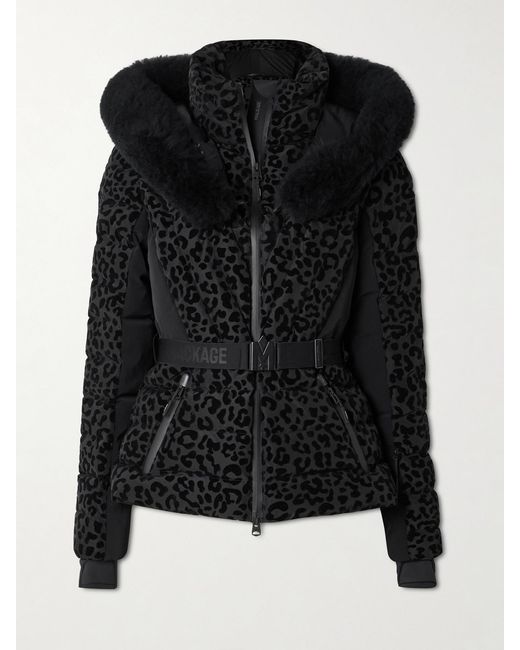 Mackage Black Elita Hooded Belted Shearling-Trimmed Flocked Down Ski Jacket