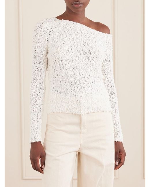 The Elder Statesman White Vine Off-The-Shoulder Cotton-Blend Bouclé Sweater