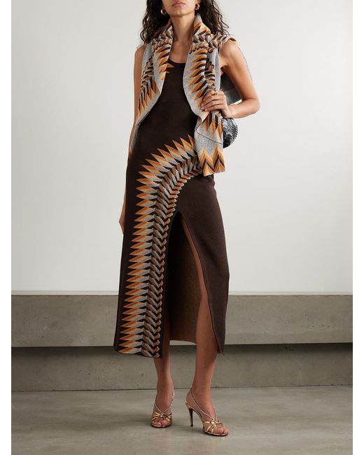 Rabanne Brown Metallic Jacquard-Knit Maxi Dress