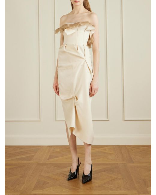 Khaite Natural Salm Frayed Ruffled Wool And Silk-Blend Cady Midi Dress