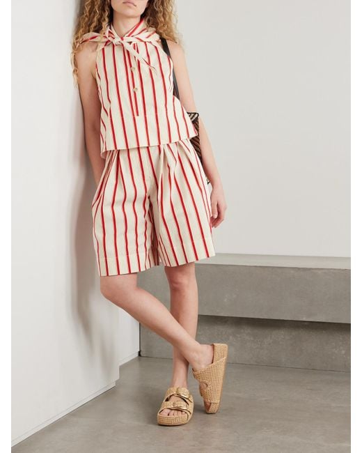 Rosie Assoulin Red Gestreifte Shorts Aus Einer Baumwollmischung Mit Fischgratmuster, Falten Und Gürtel
