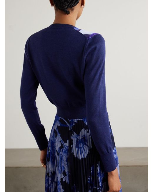 Erdem Blue Merino Wool And Floral-Print Satin Cardigan