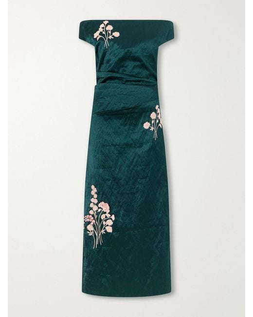 Erdem Green Floral-Embroidered Satin Midi Dress