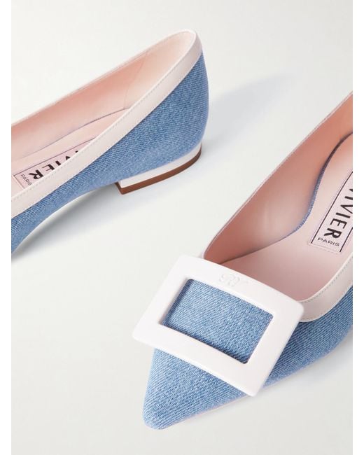 Roger Vivier Blue Gommettine Buckled Denim And Patent-Leather Ballet Flats
